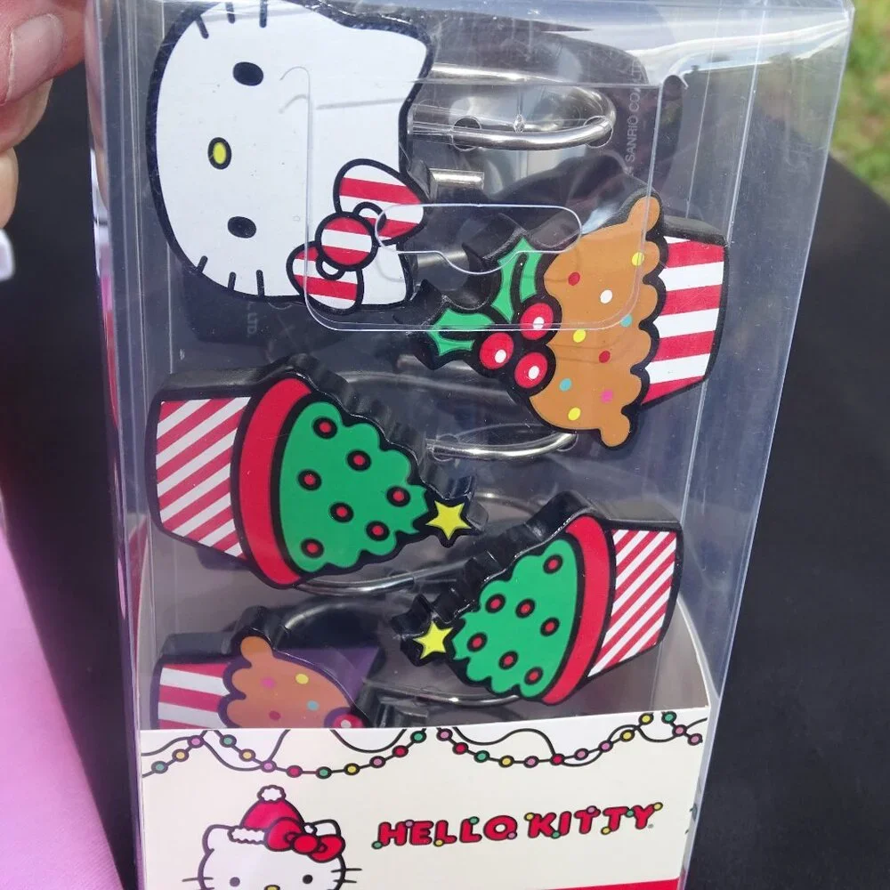 Hello Kitty Pink and Red Christmas shower Curtain With Matching Hooks